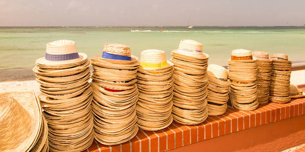 在加勒比海沙滩上的帽子卖家的立场