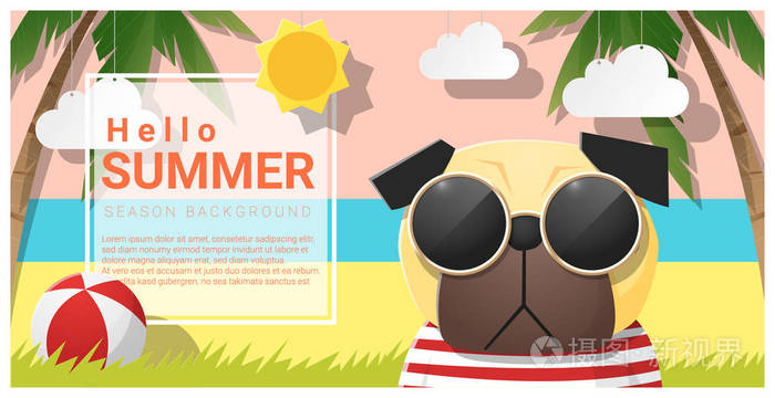 你好夏天背景与狗戴着太阳镜，矢量图