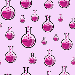 矢量图的形式的化学烧瓶与液体和泡沫在粉红色的背景上的无缝模式。自然科学背景