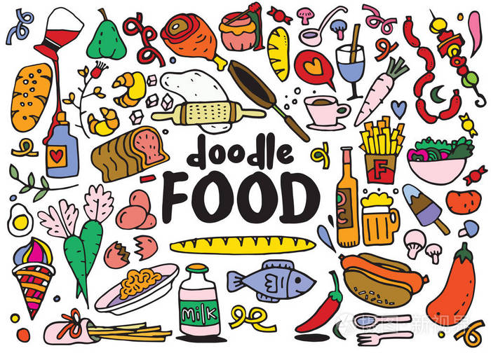 食物和饮料的涂鸦元素草绘背景.矢量点检