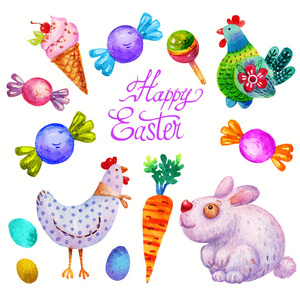 切的水彩复活节快乐设置 彩色鸡蛋 冰淇淋 糖果 糖果，公鸡，胡萝卜 鸡 家兔离体在白色背景上。炫彩复古水彩插图