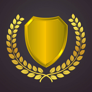 金色盾牌标志的桂冠.金纹章矢量图标.护和安全的概念.