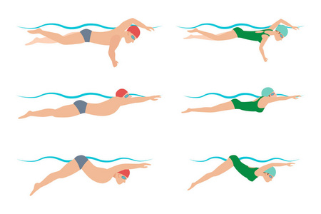游泳风格计划不同的游泳运动员男人和女人在游泳池运动训练中的矢量图