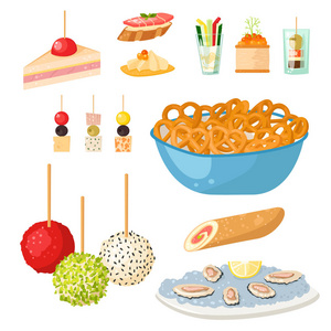 各种肉烤面包片小吃开胃菜鱼和奶酪宴会点心拼盘矢量插图