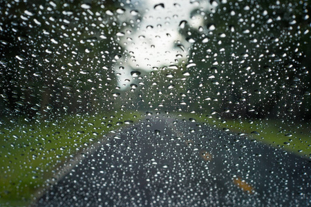 车被擦在森林中的车窗上雨点和被注意力集中的道路上照片