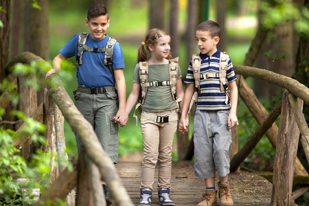 孩子们童子军旅行背包徒步旅行在森林中的桥