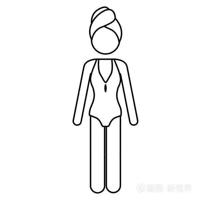 单色轮廓象形图的一件泳装的女人,在脑海里的毛巾插画-正版商用图片0y