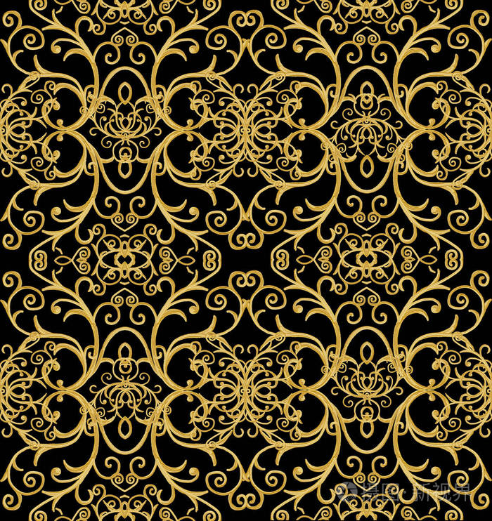 纹理的金色卷发.东方风格蔓藤花纹.辉煌的花边,程式化的花.