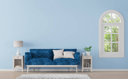现代经典客厅以蓝色 3d 渲染图像