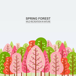 春季森林与粉红色，红色和绿色的树。露营