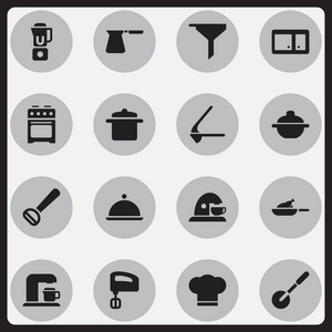 16 可编辑餐图标集。包括符号如手搅拌机，炊具，饮料制造商。可用于 Web 移动 Ui 和数据图表设计