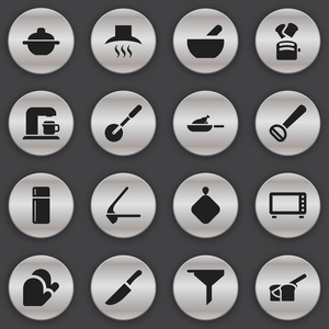 16 可编辑餐图标集。包括厨房油烟机 厨房手套 饮料制造商等符号。可用于 Web 移动 Ui 和数据图表设计