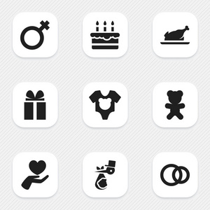 9 可编辑家庭图标集。包括符号糕点 孩子 玩具等。可用于 Web 移动 Ui 和数据图表设计