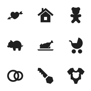 9 可编辑家庭图标集。包括炸鸡 爱 婴儿车等符号。可用于 Web 移动 Ui 和数据图表设计