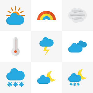 天气平面图标设置。集合的温度，风大 雪和其他元素。此外包括符号，例如太阳 云 彩虹