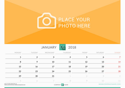 2018 年 1 月。墙上月历为 2018 年。矢量设计打印模板与照片的地方。在周一的周开始。横向打印