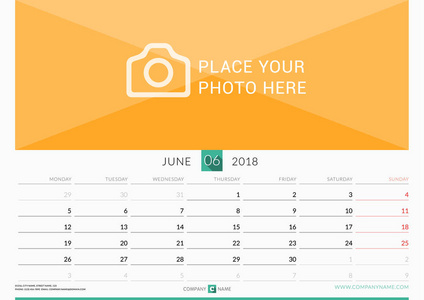 2018 年 6 月。墙上月历为 2018 年。矢量设计打印模板与照片的地方。在周一的周开始。横向打印