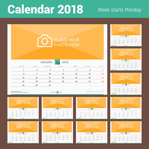 墙上月历为 2018 年。矢量设计打印模板与照片的地方。在周一的周开始。横向打印