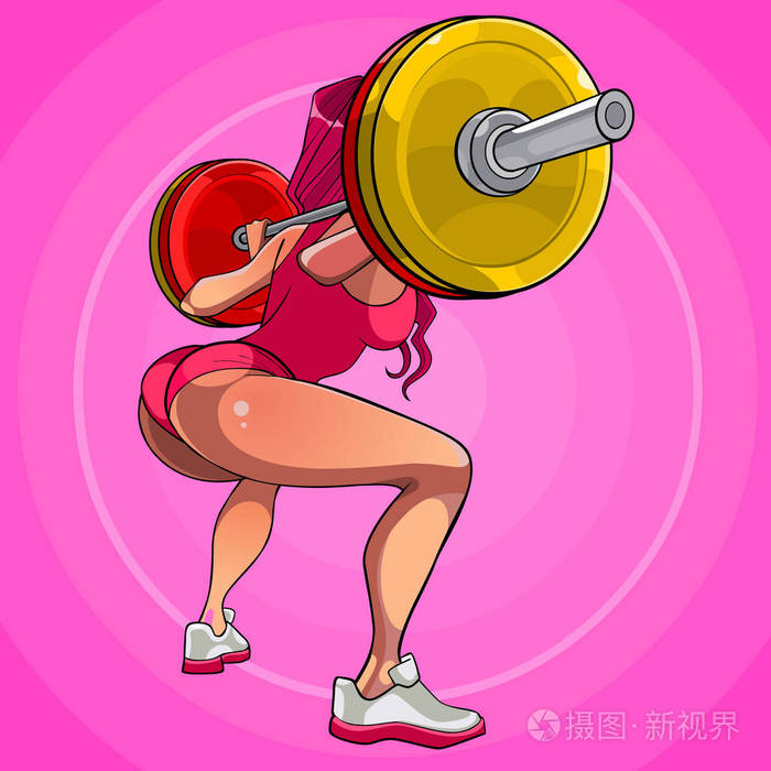 卡通性感女人与杠铃蹲