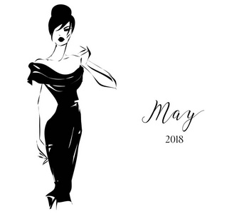 黑色和白色时尚日历与女人模型轮廓标志。手工绘制的矢量图