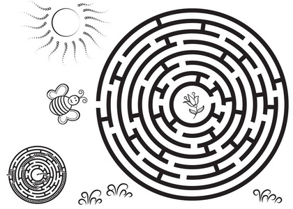 圆形的黑色迷宫游戏与解决方案。蜜蜂飞到一朵花