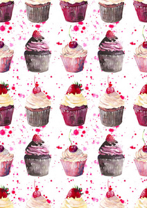 红樱桃草莓和树莓红色粉红色喷模式水彩手绘上的明亮美丽温柔美味巧克力美味夏季美味甜点蛋糕