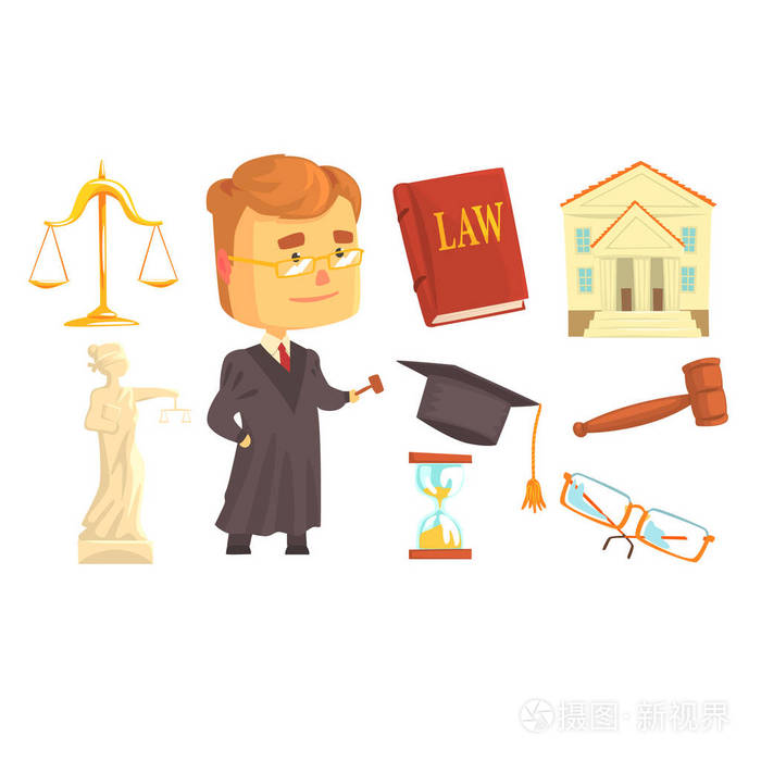 法官和司法活动为标签设计设置的属性.法律和正义,动漫详细彩色插图