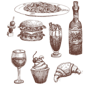 菜单的餐厅产品和嘟嘟餐菜矢量插画手绘制的食品示意图