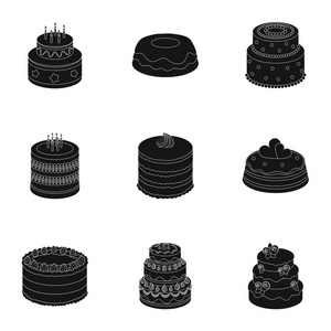 假期的蛋糕。一组不同的糖果。装饰精美的蛋糕和松饼。中集集合上的黑色风格矢量符号股票插画蛋糕图标