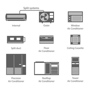 类型的空调图标设置矢量股票。护发素黑图标分离