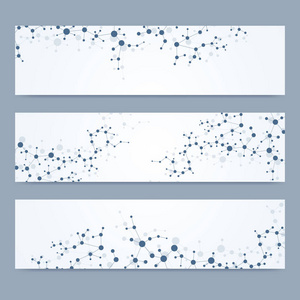 现代向量横幅的科学设置。Dna 分子的结构与连接的线和点。科学向量背景。医疗 技术，化学设计