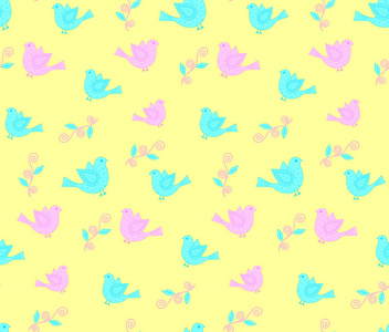 无缝模式的华丽花黄色背景和粉色和蓝色的鸟