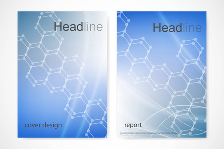 方形宣传册的模板。单张封面演示文稿。商业，科学，技术设计书布局。科学分子背景