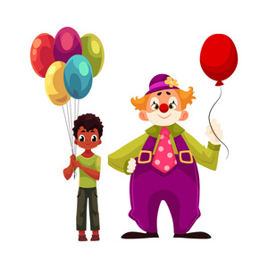 黑色，非洲裔美国男孩抱着气球站着滑稽的小丑