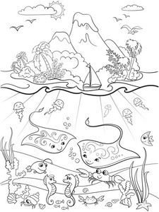 美人鱼女孩, 鲸鱼, 水下蓝色波浪和海洋假期版式文本卡通海底世界与鱼