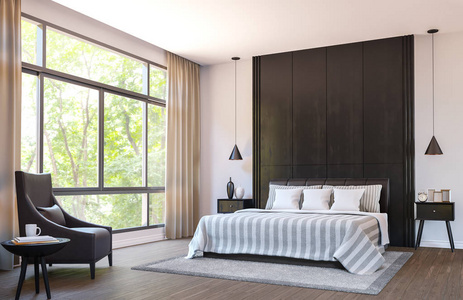 现代居室装饰棕色皮革家具与黑色木材 3d 渲染图像