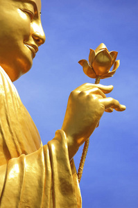 手捧莲花花金佛像,手捧花在蓝天上照片