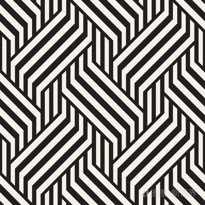 矢量无缝图案. 现代时尚交错线条纹理. 几何条纹装饰. 单色线性编织