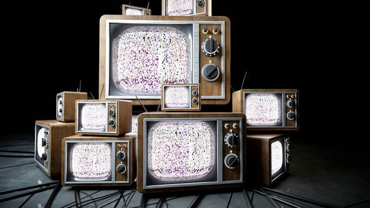 成堆的复古，古董电视在黑暗的房间里。3d 渲染