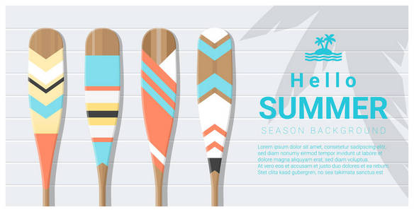 你好夏天背景与彩绘的独木舟桨 矢量 插图