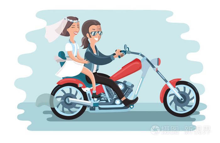 矢量图的骑摩托车的年轻夫妇的婚礼这个长毛家伙眼镜和牛仔裤和短裙和