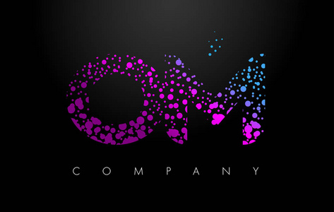 Om O M 字母标识与紫色小颗粒和气泡点