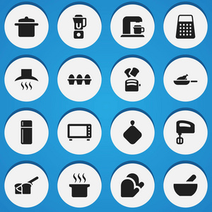 16 可编辑餐图标集。包括符号炊具 鸡蛋纸箱 汤锅等。可用于 Web 移动 Ui 和数据图表设计