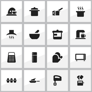 16 可编辑烹饪图标的设置。包括符号搅拌器 烤架 烤箱等。可用于 Web 移动 Ui 和数据图表设计