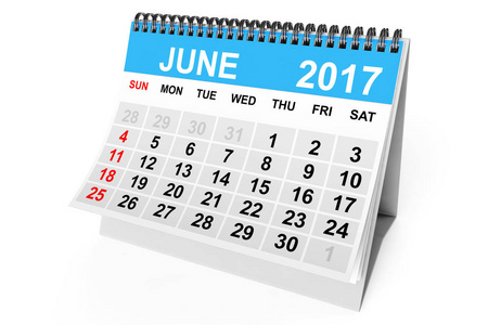2017 年 6 月的日历。3d 渲染