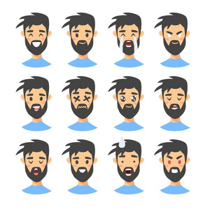 组男性表情符号字符。卡通风格表情图标。孤立的男孩头像与不同的面部表情。平插图人情绪面部表情。手绘矢量绘图图释