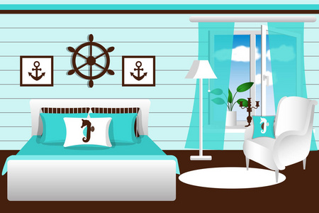 海洋风格的房间,蓝色,白色和棕色.卡通.矢量图照片