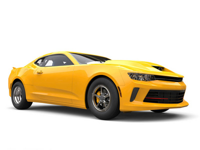 灿烂的阳光黄色现代的肌肉车低角度拍摄三维图