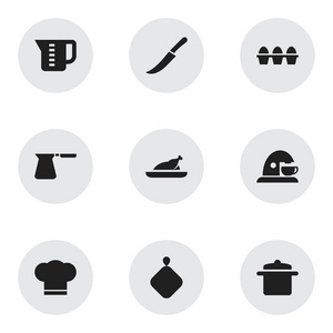 9 可编辑食物图标集。包括如鸡蛋纸箱，厨师帽，锅垫和更多的符号。可用于 Web 移动 Ui 和数据图表设计