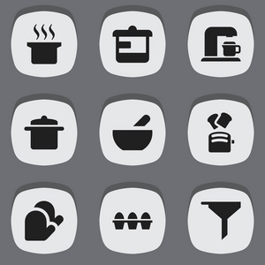 9 可编辑烹饪图标的设置。包括如鸡蛋纸箱，切片面包，汤和更多的符号。可用于 Web 移动 Ui 和数据图表设计